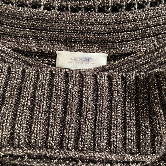 CHICO'S sz M / sz 1 Open Knit Umber Gold Sparkly Top Boat Neck Raglan Sleeve - Picture 3 of 4